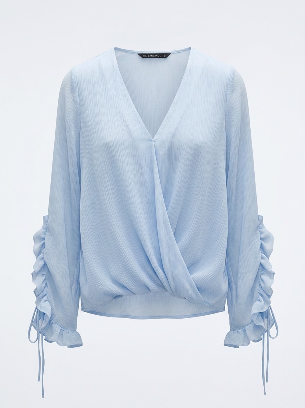 Zara Pale Blue V-Neck Ruched Tie Sleeve Blouse